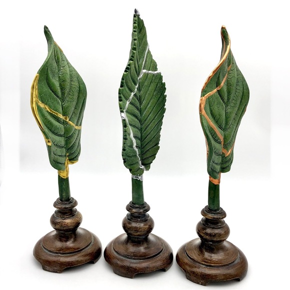 Kintsugi Leaf Finial Decor Set Gold Silver Copper Crack Art Personal Growth Gift - Picture 7 of 12